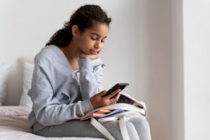 A girl checking out the mental health apps